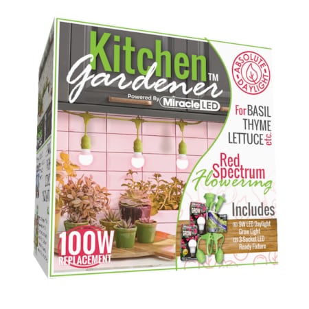 Miracle Led 3-Socket Kitchen Gardener Grow Light Kit, Red Spec. 9W Replace 100W Grow Bulbs, 2PK 802239